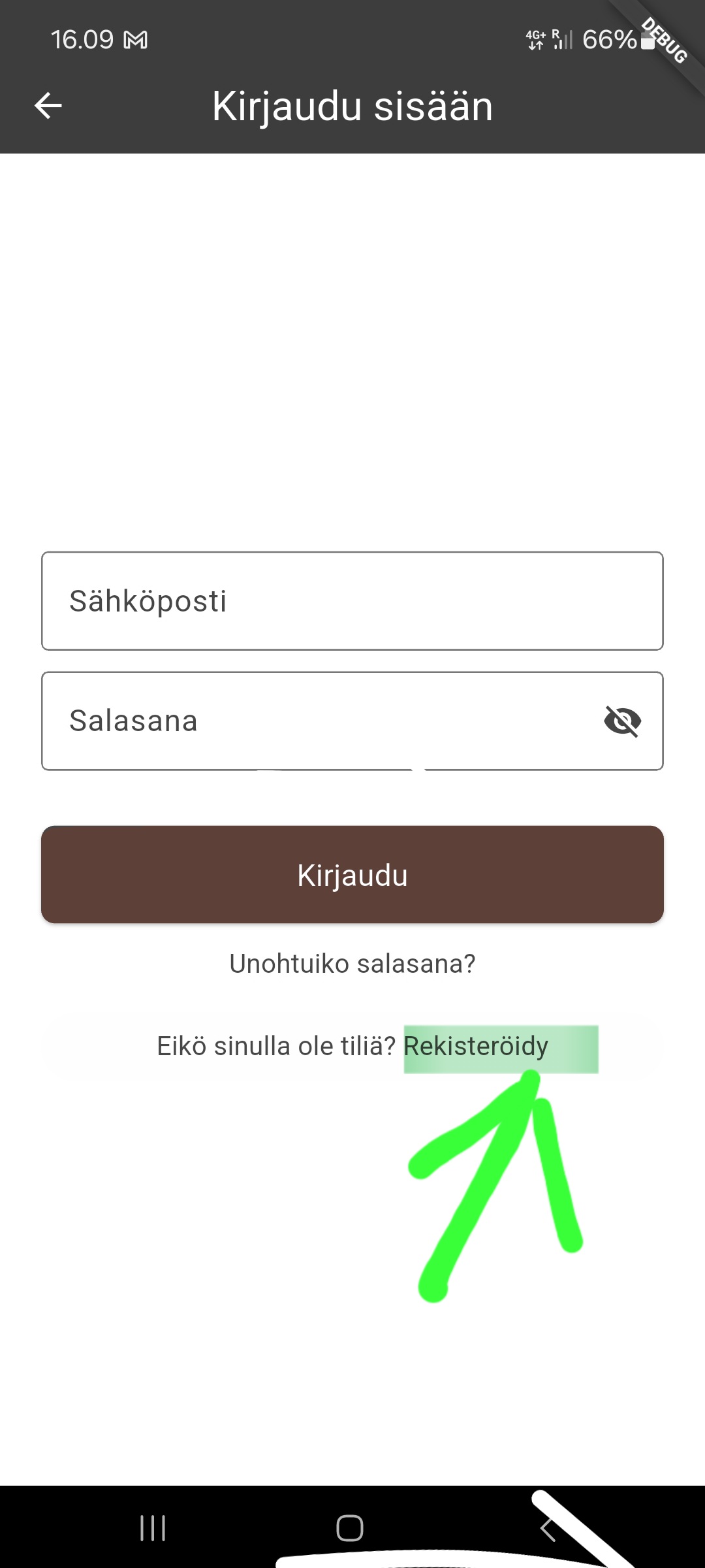 Rekisteröitymisnäkymä