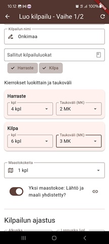Kilpailun luonti asetukset